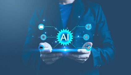 Ai technology. Artificial Intelligence. Businessman use technology AI smart robot automation...