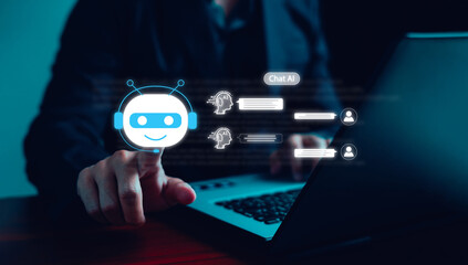 Chatbot Chat with AI. Businessman using technology smart robot AI, conversation assistant, AI Artificial Intelligence concept, digital chatbot on virtual screen, Futuristic technology transformation.