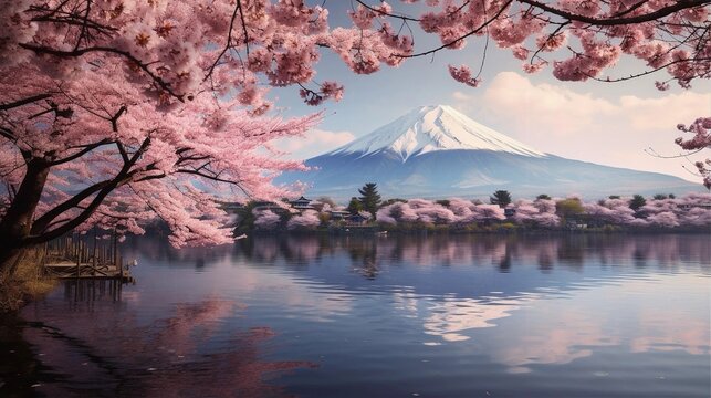 Japanese landscape lake cherry blossom tree snow-capped mountain
