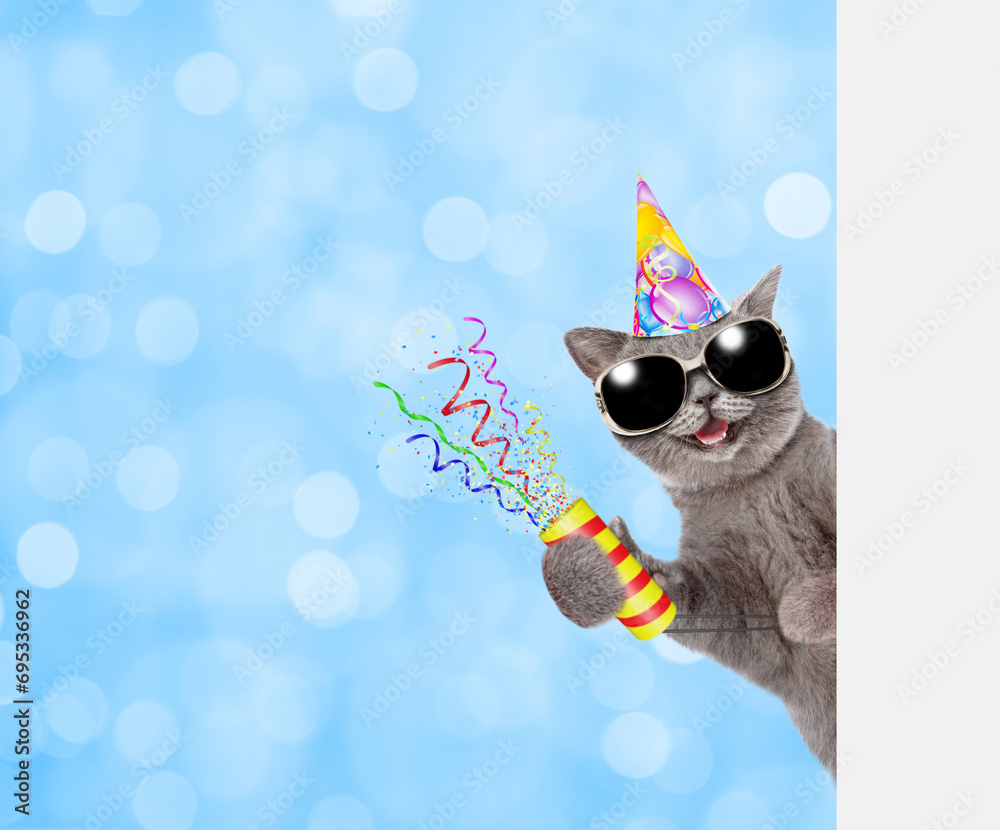Aufkleber Happy cat wearing party cap holds exploding firecracker and looks from behind empty white banner. festive blured background