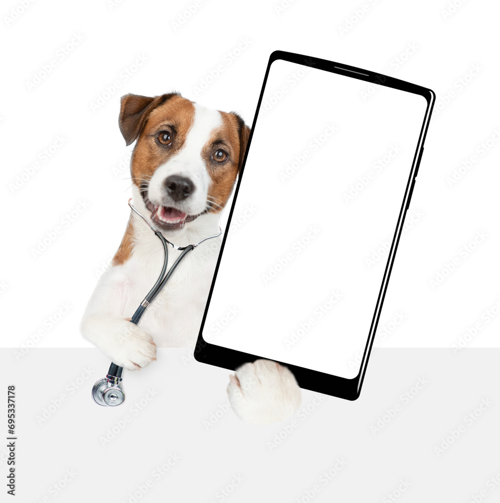 Poster smart jack russell terrier with stethoscope on his neck showing big smartphone with white blank scre