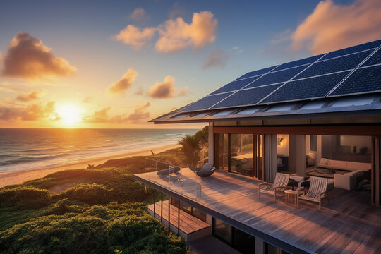 Beautiful house with solar panels on the roof under a bright sky. Sustainable and clean energy at a new eco friendly home.