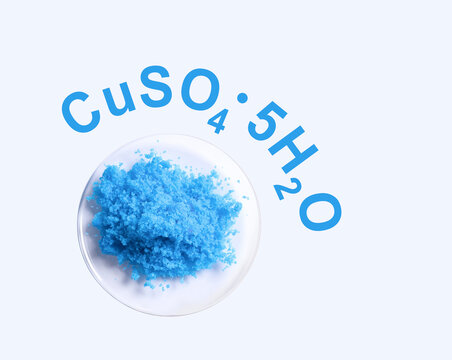 Copper(II) sulfate in Chemical Watch Glass with chemical  formula. Chemical ingredient used in medical and public health issues.