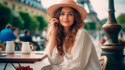 A woman in Paris in a cafe with the Eiffel Tower in the background. Selective focus.