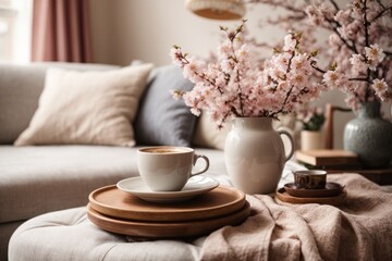 Cup of coffee and vase with blooming branches on sofa in room - obrazy, fototapety, plakaty