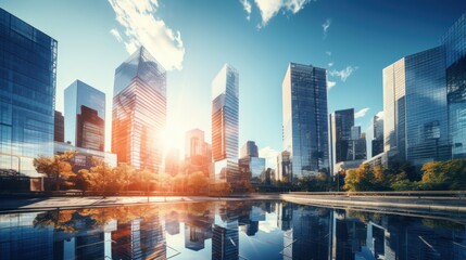 Obraz premium Skyscraper glass facades on a bright sunny day with sunbeams in the blue sky.