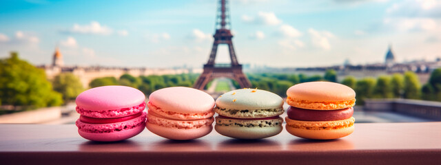 macaroons with the Eiffel Tower in the background. Selective focus. - obrazy, fototapety, plakaty