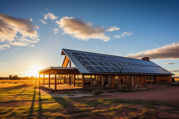 Obraz premium Beautiful house with solar panels on the roof under a bright sky. Sustainable and clean energy at a new eco friendly home.