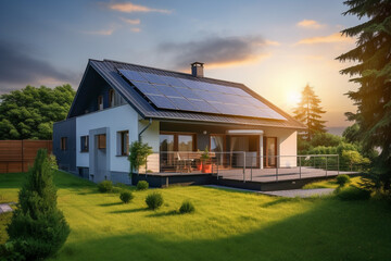 Beautiful house with solar panels on the roof under a bright sky. Sustainable and clean energy at a new eco friendly home.