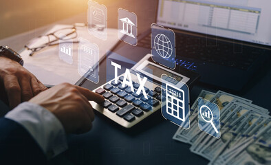 Tax time concept. Financial research,government taxes and calculation tax return concept.  - obrazy, fototapety, plakaty