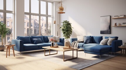 an inviting scene of a spacious Scandinavian apartment's modern living room featuring a luxurious dark blue sofa and recliner chair set against a backdrop of minimalist decor