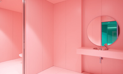 Circular mirror in pink restroom at hospital near toilet