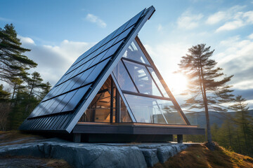 Beautiful house with solar panels on the roof under a bright sky. Sustainable and clean energy at a new eco friendly home.