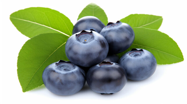 Fresh blueberries with blueberry leaves isolated on white background. generative ai