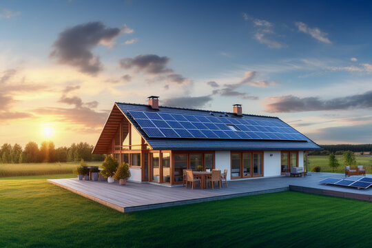 Beautiful house with solar panels on the roof under a bright sky. Sustainable and clean energy at a new eco friendly home.