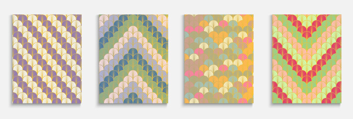 Chinese Gold Fan Funky Cover Set. Traditional Geometric Texture. Bright Color Ethnic A4 Print. Japanese Ancient Cover Set. Halftone Stripes Template. Minimal Dynamic Cool Textile Backgroud.