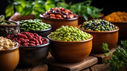 All kinds of different types of beans in simple pots on a wooden table: black beans, red beans, white beans, fabes, broad beans, alluvian chickpeas, green lentils, black lentils. - obrazy, fototapety, plakaty