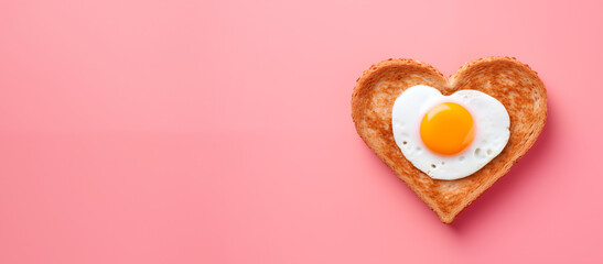 heart shaped fried egg with toast as  breakfast for valentine's day. top view. isolated on pink background. banner