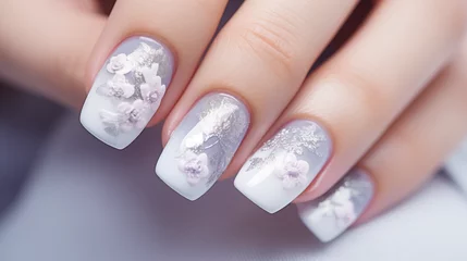 Poster Im Rahmen Manicured female hand showing square shape winter wedding ombre nail art ideas with molded flower elements. © Vanja