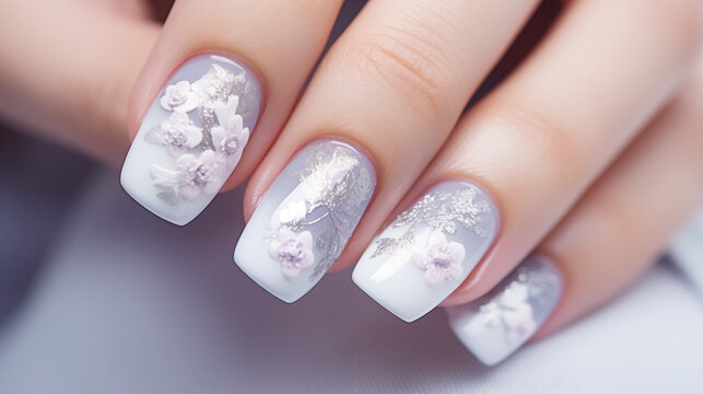 Manicured female hand showing square shape winter wedding ombre nail art ideas with molded flower elements.