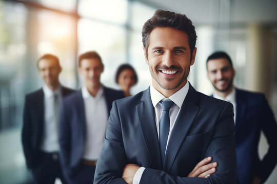 Diverse successful corporate businessman and marketer team showing teamwork and success strategy