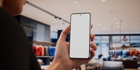 Caucasian female using her phone in vertical orientation, clothing store in bg