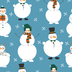 Seamless pattern of snowmen.Flat vector illustration of snowmen. Cute, cozy illustration. Concept for postcard, wallpaper, invitation, poster.