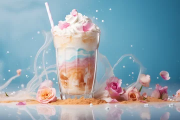 Fotobehang A colorful caramel and strawberry coffee milk shake with cream on a blue background, decorated with roses and vanilla-caramel sugar. Abstract water elements. © Vanja
