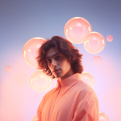 Portrait of a young man standing in front of abstract background with bubbles. Minimal concept in the style of light pink and orange while merging intense pensive portraiture and editorial photoshoot.