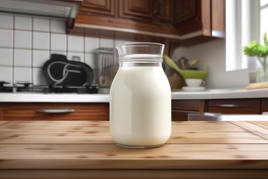 glass of milk on table in kitchen