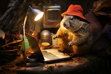 marmot in red Panama hat working on laptop in hole Groundhog Day anthropomorphic marmot - obrazy, fototapety, plakaty