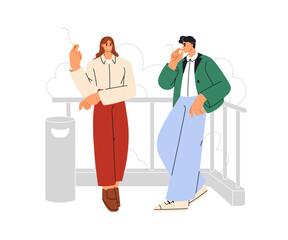 Man and woman, smokers couple. Employees, office workers smoke during outdoor break. Business people, colleagues smoking, talking, discussing. Flat vector illustration isolated on white background