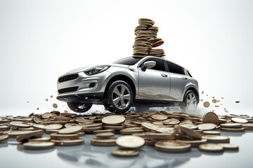 Stack of coin and miniature silver car on it, Finance and car loan, saving money for a car, buying auto finance concept, AI Generative. - obrazy, fototapety, plakaty