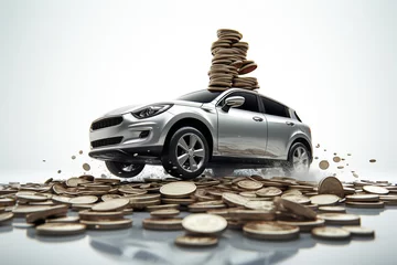 Fotobehang Stack of coin and miniature silver car on it, Finance and car loan, saving money for a car, buying auto finance concept, AI Generative. © Viktoriia