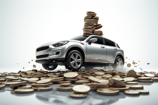 Stack of coin and miniature silver car on it, Finance and car loan, saving money for a car, buying auto finance concept, AI Generative.