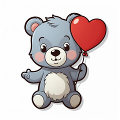 Vinyl sticker of a cute bear holding a heart balloon, on white background