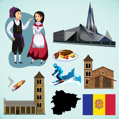 set of Andorra illustrations. Map of Andorra with attractions. Tourist map of Andorra. National clothing, food, architecture of Andorra.