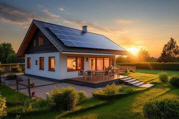 Beautiful house with solar panels on the roof under a bright sky. Sustainable and clean energy at a new eco friendly home.