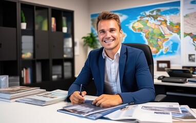 Smiling manager of the travel agency in his office of sales