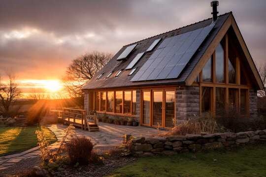 Beautiful house with solar panels on the roof under a bright sky. Sustainable and clean energy at a new eco friendly home.