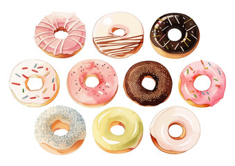 水彩で描いたドーナツのイラストセット