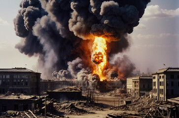 Destruction during the war conflict in the city with eruptions in the background