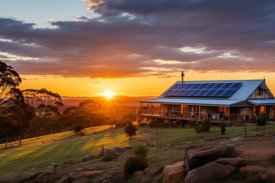Beautiful house with solar panels on the roof under a bright sky. Sustainable and clean energy at a new eco friendly home.