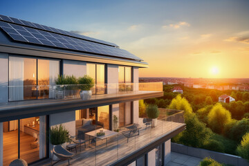 Beautiful house with solar panels on the roof under a bright sky. Sustainable and clean energy at a new eco friendly home.