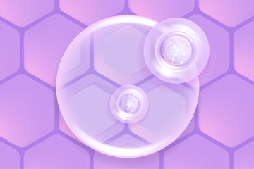 Hyaluronic acid skin solutions ad, purple collagen serum drops over skin cells with cosmetic advertising background ready to use, illustration vector.