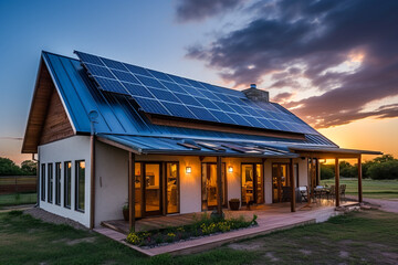 Obraz premium Beautiful house with solar panels on the roof under a bright sky. Sustainable and clean energy at a new eco friendly home.