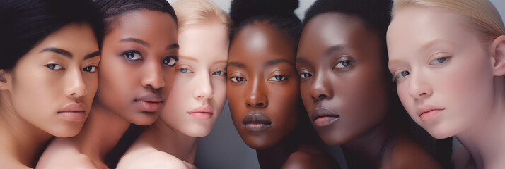 Diverse group of beautiful women. Girls of different ethnicity and skin color looking at camera. Diversity, Unity, skincare, cosmetics, women day and foundation palette concept. Women's History Month - obrazy, fototapety, plakaty