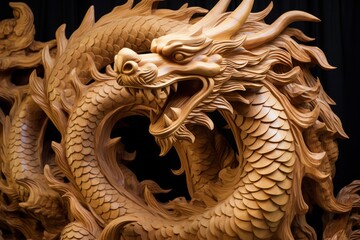 chinese dragon sculpture carved of wood. Wood carving hobby and profession.
