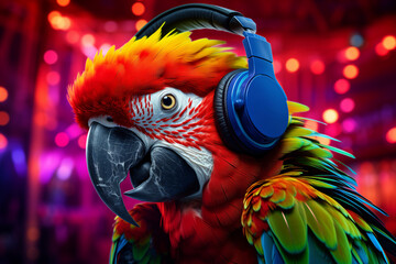 Macaw parrot DJ in headphones at a disco in a club. - obrazy, fototapety, plakaty