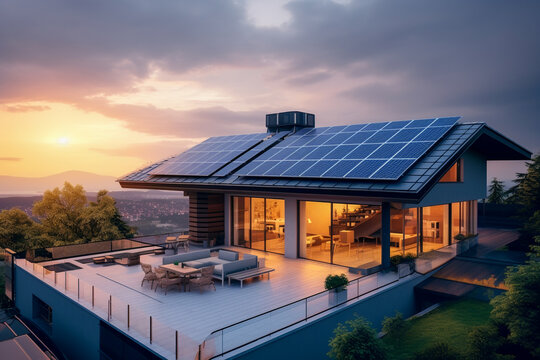 Beautiful house with solar panels on the roof under a bright sky. Sustainable and clean energy at a new eco friendly home.